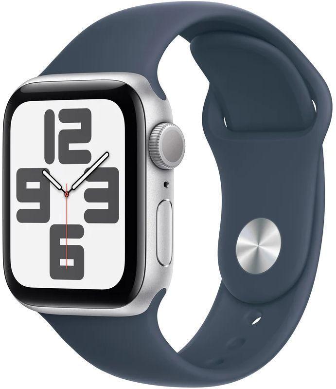 Apple Watch SE 2nd Gen (2022) (GPS) - 32GB - 44mm - Silver Aluminum Case with Storm Blue Rubber Sport Band - Small/Medium Size